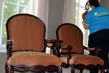 Two dining room chairs with wooden frames and rust-colored upholstery